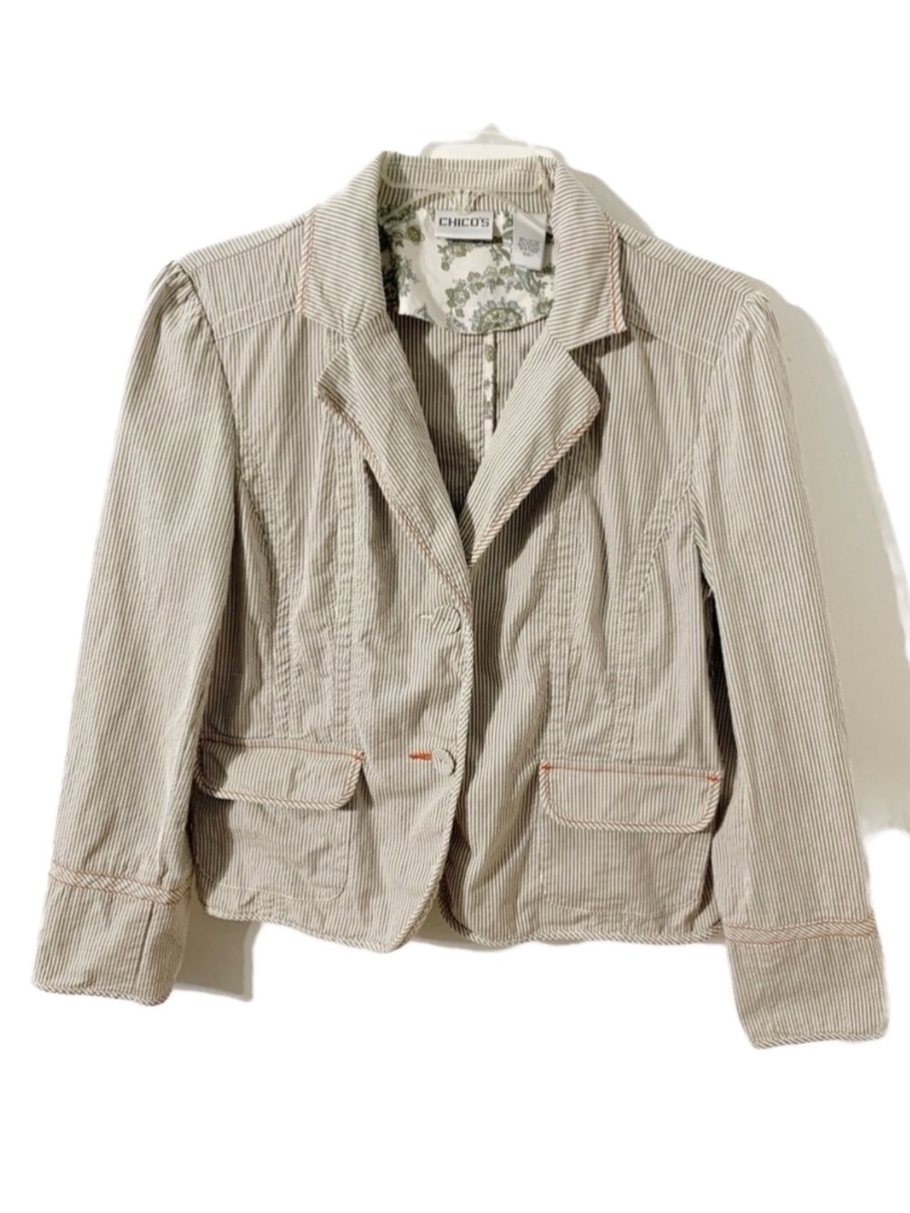 Chico’s Cotton Blend Stripe Blazer Puffed Shoulders Buttoned Contrast Stitching
